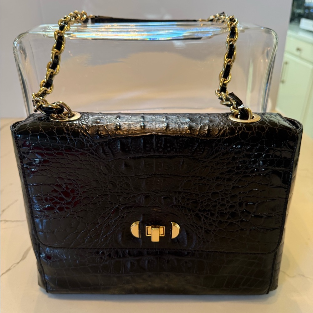 Sondra Roberts Black Croc-Embossed Shoulder Bag with Gold Chain